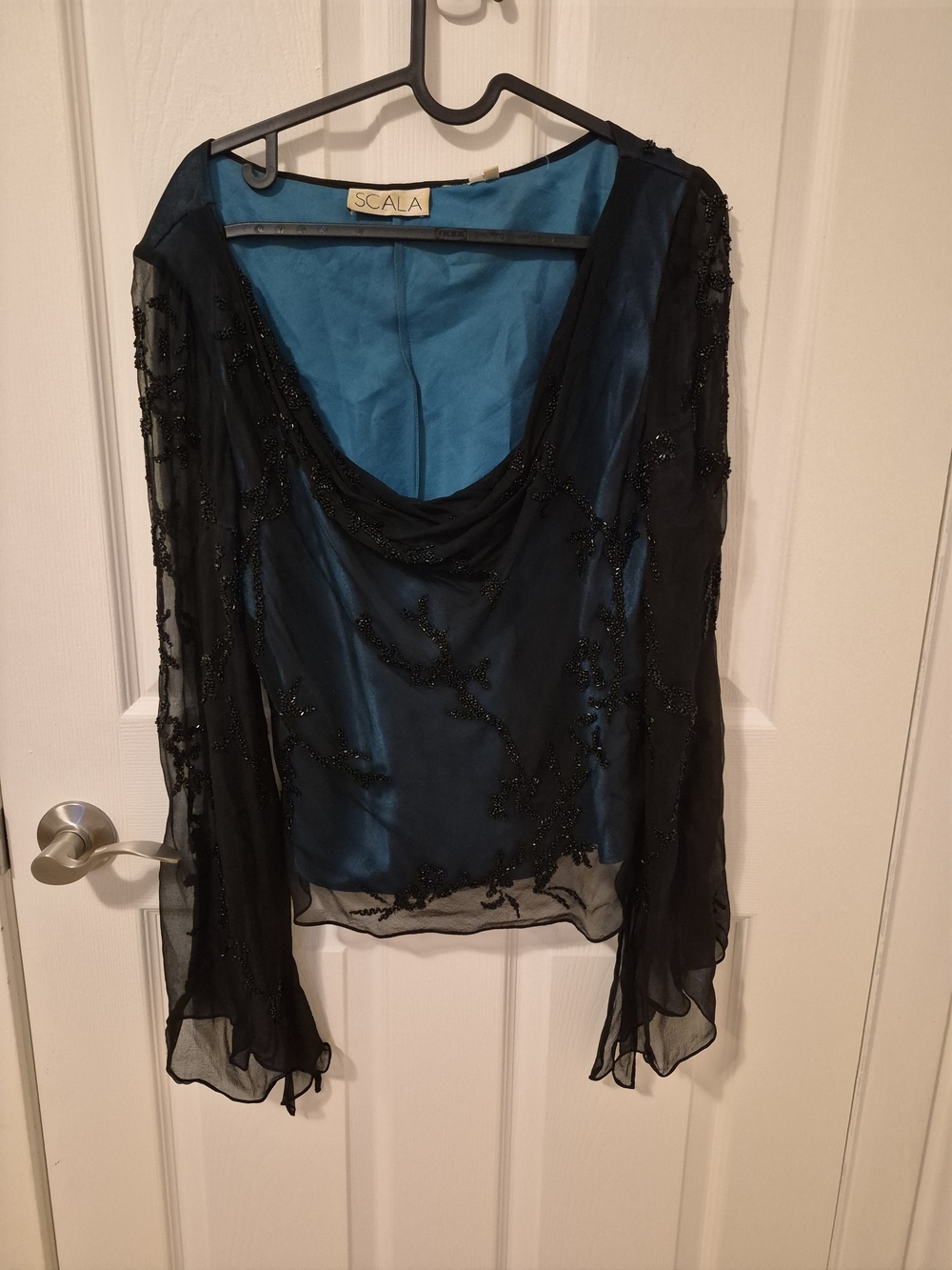 Scala Women's Black Beaded Sheer Overlay Top with Teal Lining
